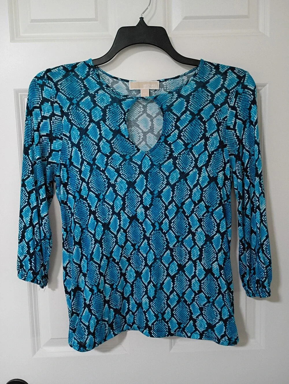 Michael Kors Blue Snake-Print Keyhole Blouse